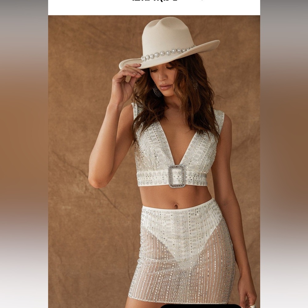 12th tribe Violet White Rhinestone Mesh Mini Skirt